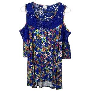Cupio Floral Blue Crotchet Shoulder Shift Dress